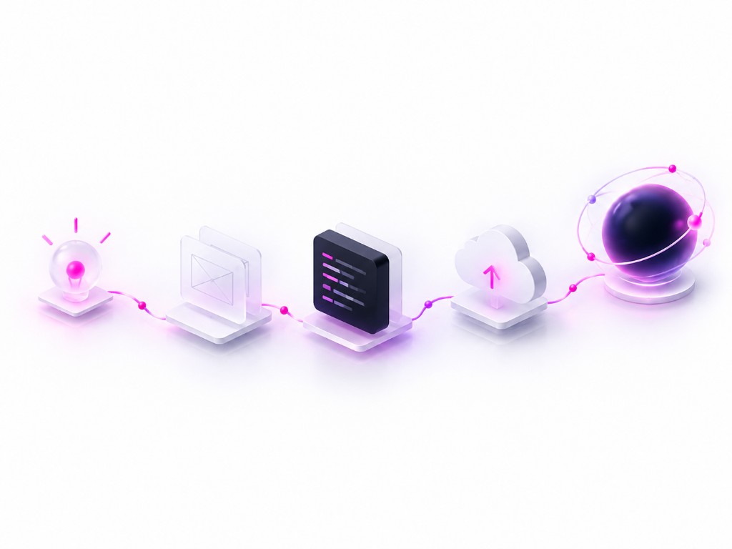 Isometric path from an idea through design, code, and cloud deployment to a global product